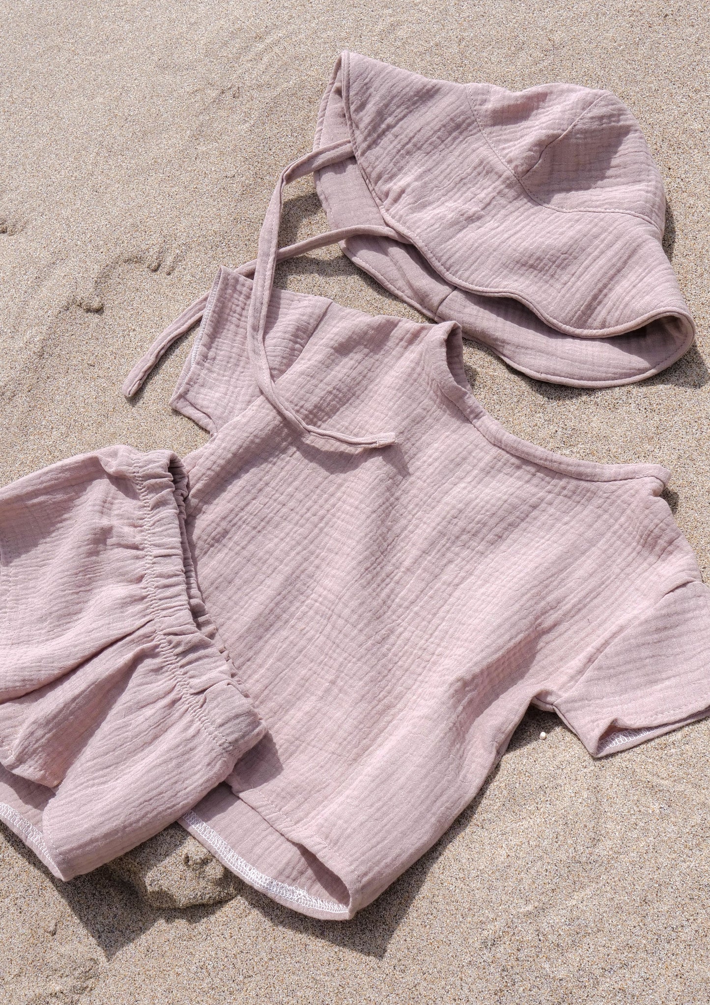 Musselin Sommer Set - Oversized Shirt, Shorts & Sonnenhut bis Gr. 134