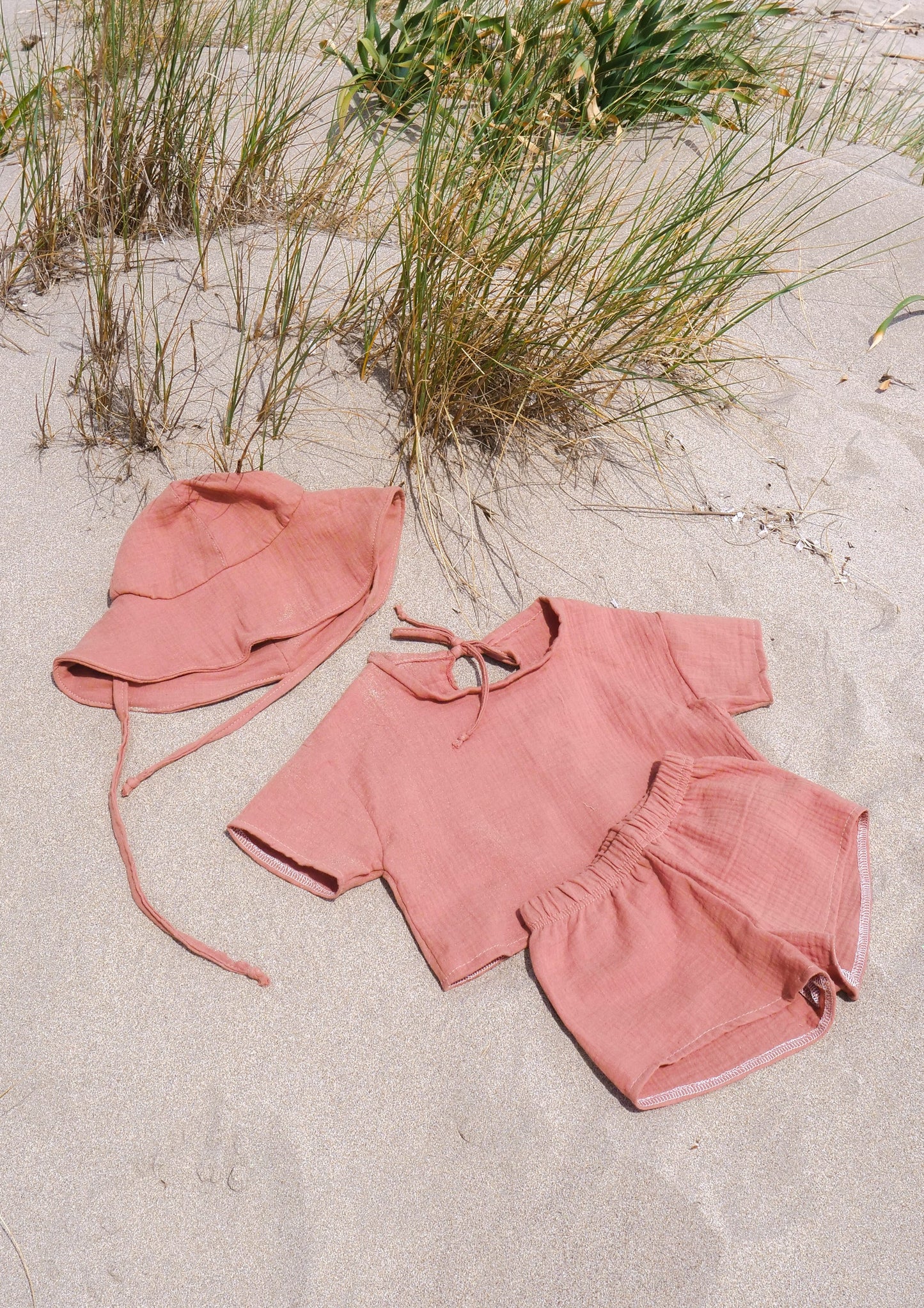 Musselin Sommer Set - Oversized Shirt Crop, Shorts & Sonnenhut bis Gr. 116