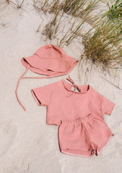 Musselin Sommer Set - Oversized Shirt Crop, Shorts & Sonnenhut bis Gr. 116