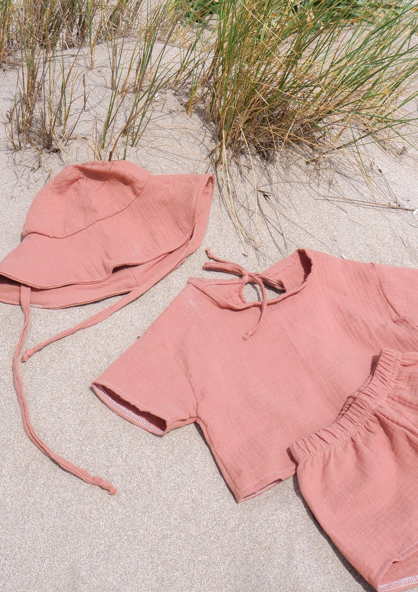 Musselin Sommer Set - Oversized Shirt Crop, Shorts & Sonnenhut bis Gr. 116