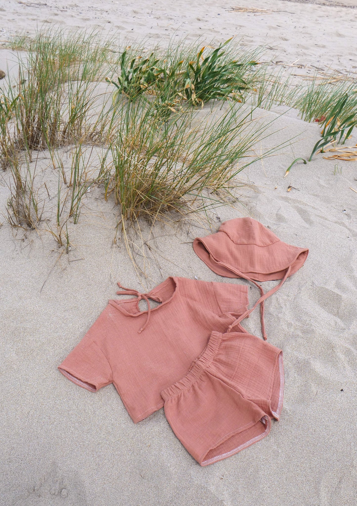 Musselin Sommer Set - Oversized Shirt Crop, Shorts & Sonnenhut bis Gr. 116