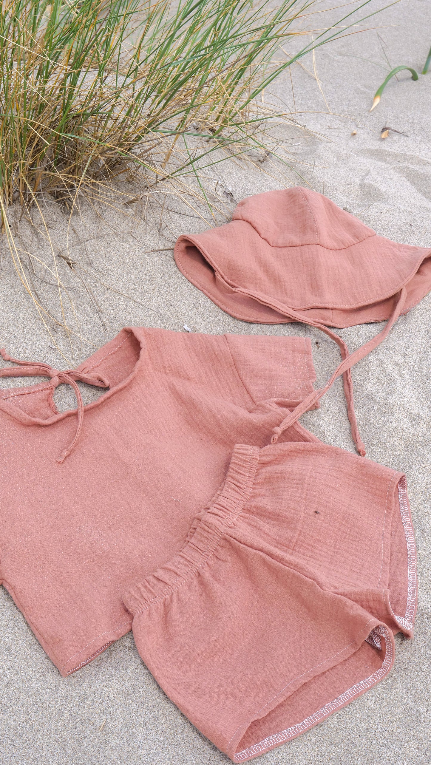 Musselin Sommer Set - Oversized Shirt Crop, Shorts & Sonnenhut bis Gr. 116